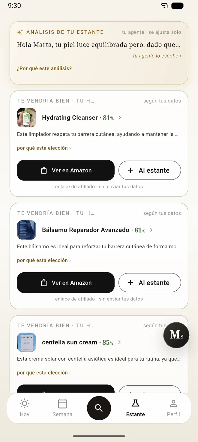 El estante de SkinMs con productos recomendados, su porcentaje de compatibilidad y el botón de comprar