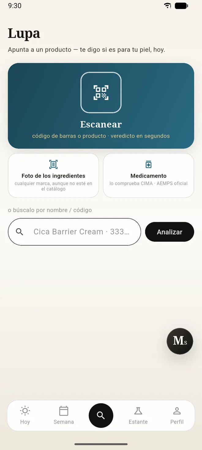 La pantalla de Lupa, con las opciones de escanear, foto de los ingredientes, medicamento y búsqueda por nombre