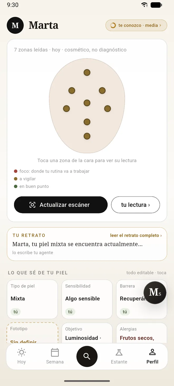 El perfil de SkinMs con el mapa de zonas de la cara y las lecturas de piel, sin la fotografía