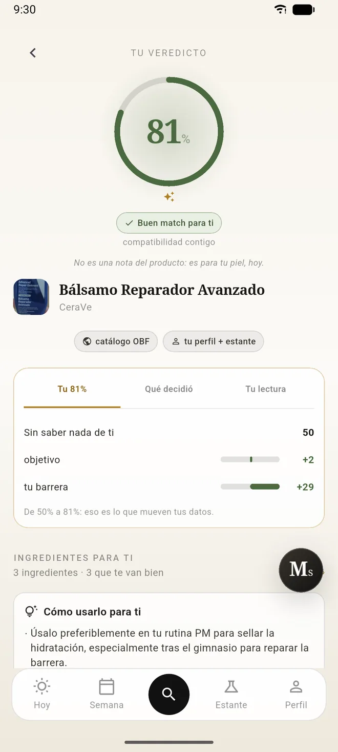Ficha de un producto en SkinMs con un 81 por ciento de compatibilidad y el desglose de qué lo sube